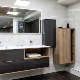 MEUBLE DE SALLE DE BAIN FUTURA ACRYLIQUE ANTHRACITE MÉTALLISÉ MÉLAMINÉ CHÊNE BARDOLINO GRIS
