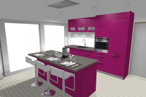 CUISINE FUSHIA  AVEC HOTTE PLAFOND PAR LARO AMENAGEMENT D'INTERIEUR