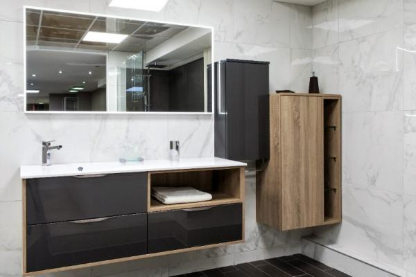 MEUBLE DE SALLE DE BAIN FUTURA ACRYLIQUE ANTHRACITE MÉTALLISÉ MÉLAMINÉ CHÊNE BARDOLINO GRIS