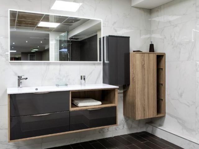 MEUBLE DE SALLE DE BAIN FUTURA ACRYLIQUE ANTHRACITE MÉTALLISÉ MÉLAMINÉ CHÊNE BARDOLINO GRIS