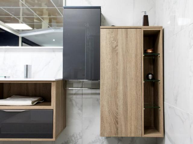 MEUBLE DE SALLE DE BAIN FUTURA ACRYLIQUE ANTHRACITE MÉTALLISÉ MÉLAMINÉ CHÊNE BARDOLINO GRIS