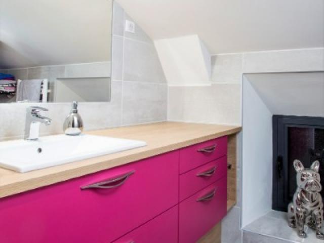 MEUBLE DE SALLE DE BAIN TEQUILA MÉLAMINÉ FUCHSIA OU ESSENCE LAQUE BRILLANTE PÉTROLE