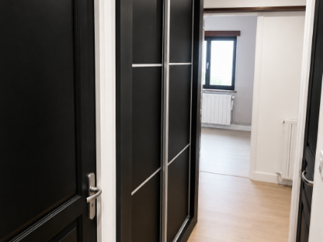 Fabrication et pose d’un placard sur mesure avec portes coulissantes noir mat en Normandie