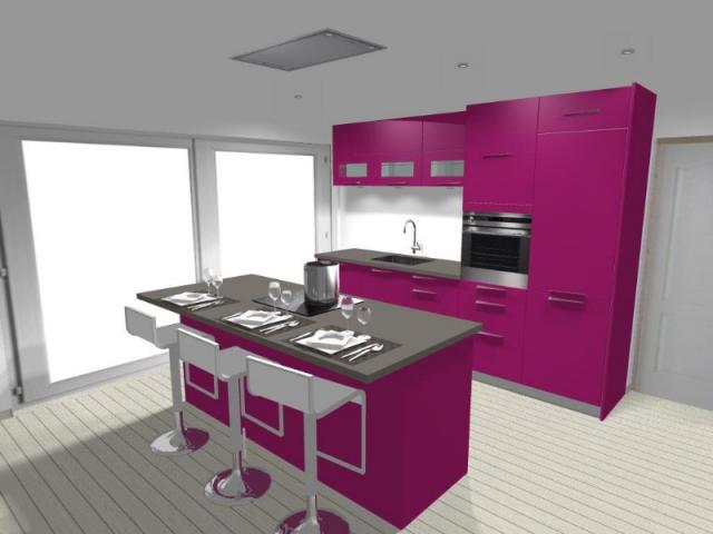 CUISINE FUSHIA  AVEC HOTTE PLAFOND PAR LARO AMENAGEMENT D'INTERIEUR