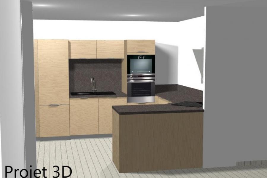 CUISINE MÉLAMINÉ AVEC DÉCOR BOIS CHÊNE ET POSE D'UNE VERRIÈRE