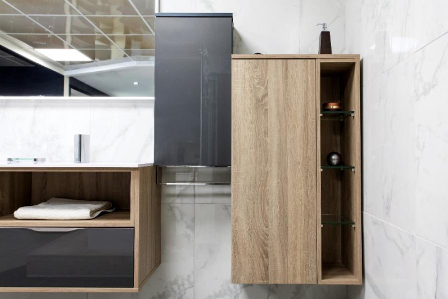 MEUBLE DE SALLE DE BAIN FUTURA ACRYLIQUE ANTHRACITE MÉTALLISÉ MÉLAMINÉ CHÊNE BARDOLINO GRIS